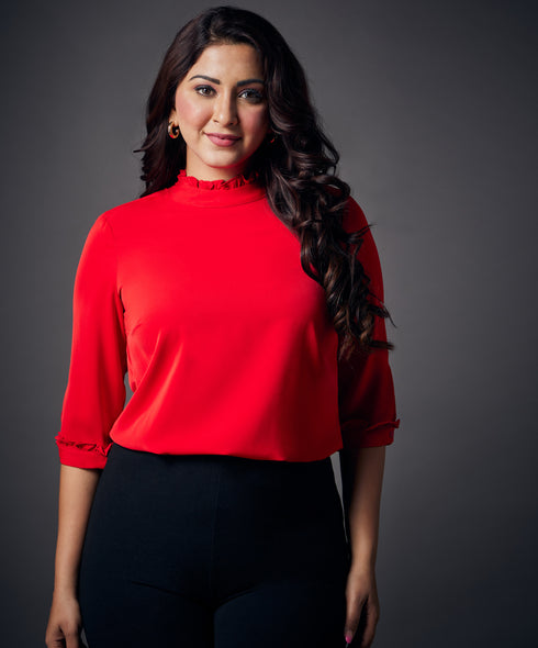 Neck And Sleeve Frilled Red Top